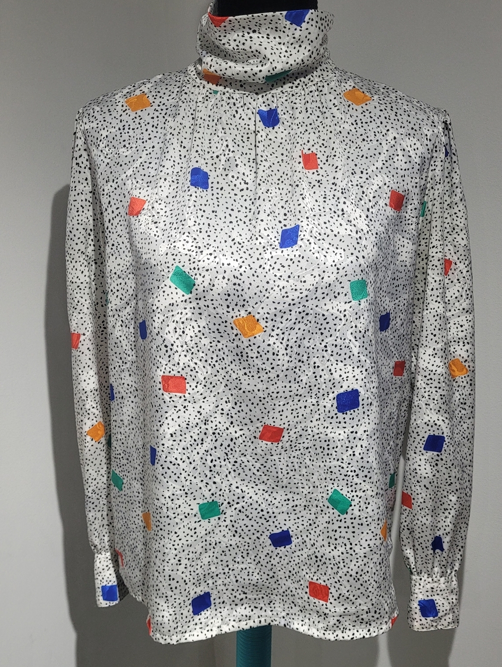 Vintage Women's 80's High Neck Satin Confetti-Print Blouse Large White Multi